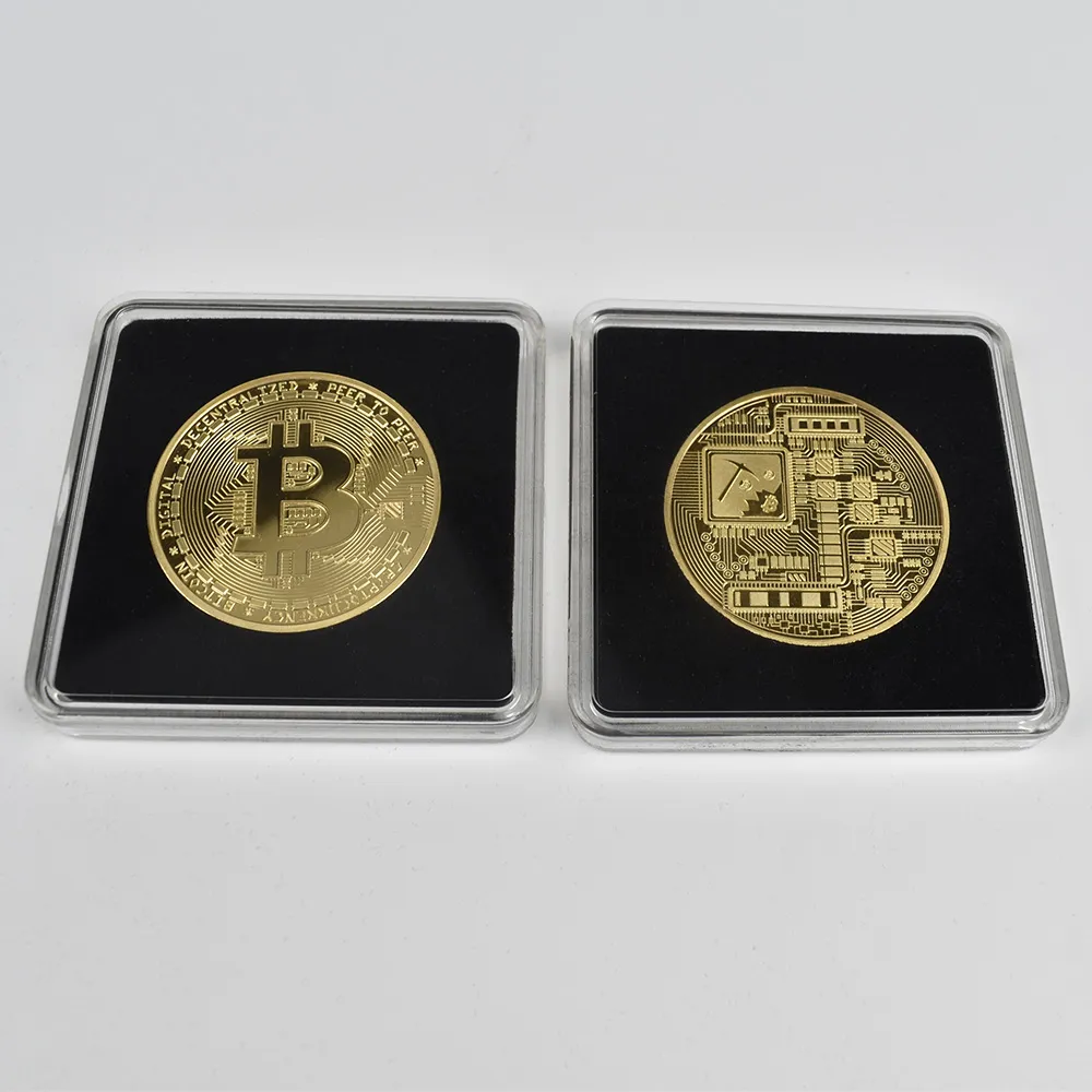 40mm Gold Bitcoin Bit Coin with Acrylic Square Case Litecoin Eth XRP Doge IOTA Cardano ADA FIL Shiba Cryptocurrency Metal coin
