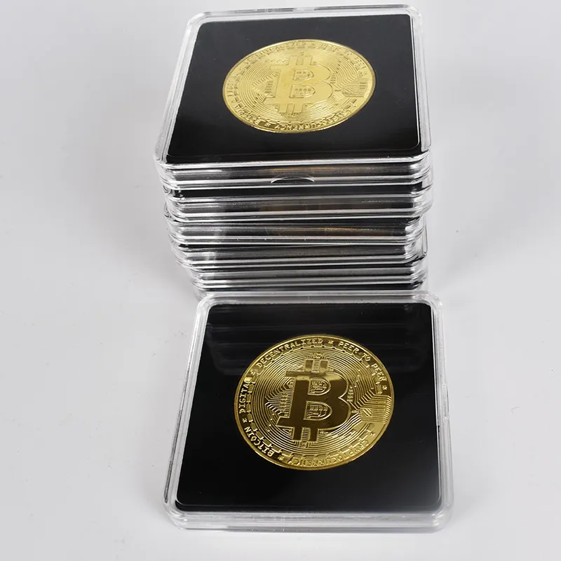 40mm Gold Bitcoin Bit Coin with Acrylic Square Case Litecoin Eth XRP Doge IOTA Cardano ADA FIL Shiba Cryptocurrency Metal coin