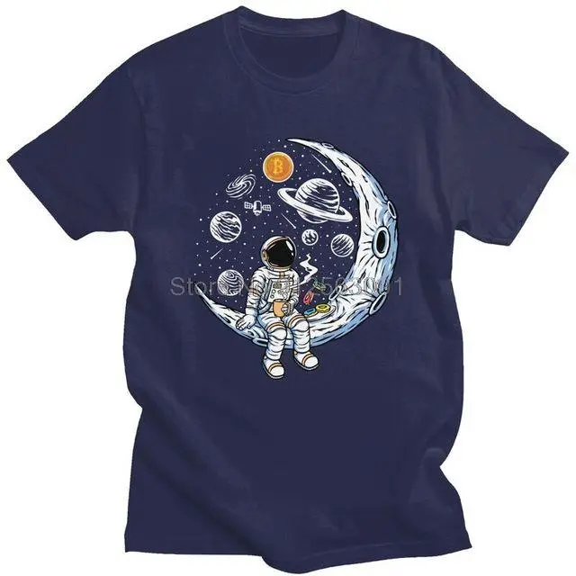 Bitcoin Crypto BTC To The Moon T Shirt Men 100% Cotton T-shirt Streetwear Tshirt Short Sleeve Astronaut Cryptocurrency Tees Tops