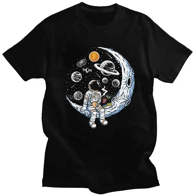 Bitcoin Crypto BTC To The Moon T Shirt Men 100% Cotton T-shirt Streetwear Tshirt Short Sleeve Astronaut Cryptocurrency Tees Tops
