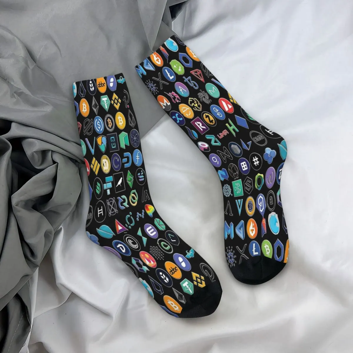 Crypto Logos 3D On Black Bitcoin Socks Male Mens Women Summer Stockings Harajuku