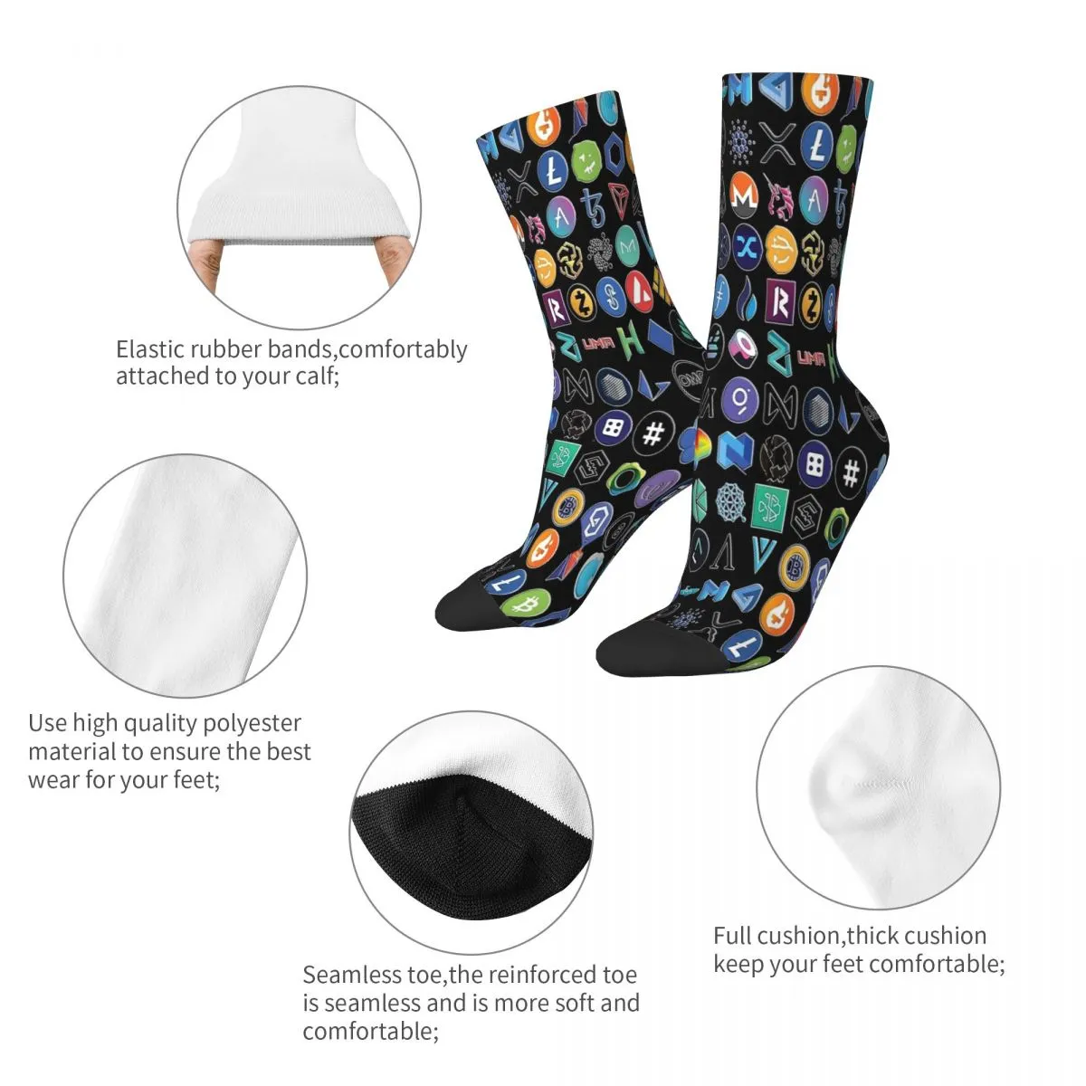 Crypto Logos 3D On Black Bitcoin Socks Male Mens Women Summer Stockings Harajuku