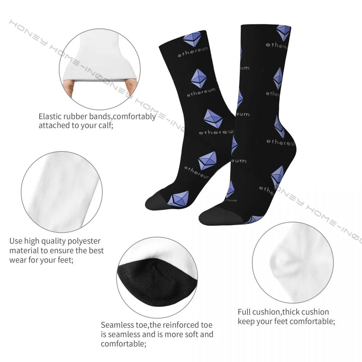 Funny Crazy Sock for Men Ethereum ETH Hip Hop Harajuku Crypto Icon Seamless Pattern Printed Boys Crew Sock Casual Gift