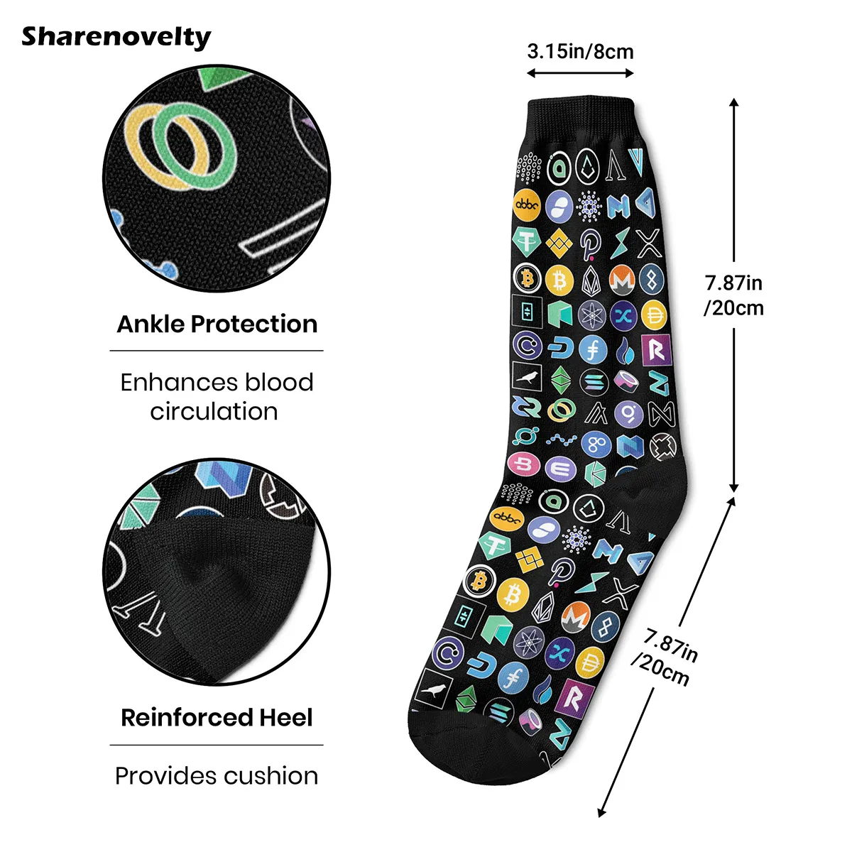 Men's Crypto Logos Bitcoin Socks 90% Polyester Cryptocurrency Gift Box Socks for Men Spring Summer Middle Tube Socks 3 Pairs Set