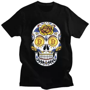 Streetwear Mens Bitcoin Crypto T Shirts Short Sleeve Cotton Tshirt Printed Btc T shirt Cryptocurrency Skull